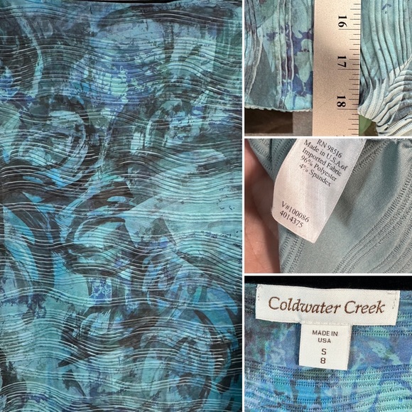 COLDWATER CREEK women's top pleated stretch waves size small/8 blues embossed - Picture 2 of 4